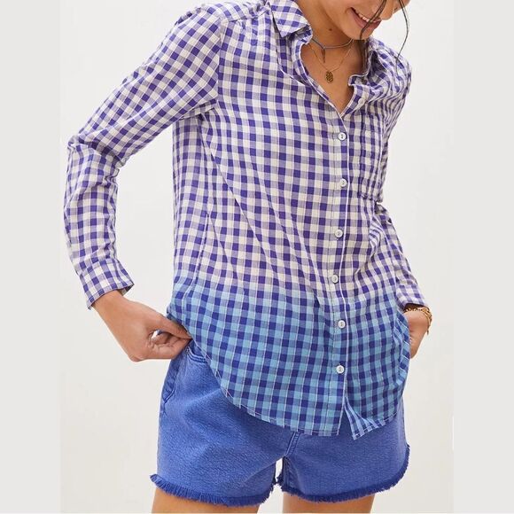 Pilcro for Anthro Deb Relaxed Button Up Blue Ombré Plaid Flannel Shirt in Size S - Picture 1 of 8